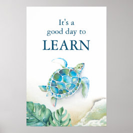 大水色のウミガメとモンステラ葉 ポスター