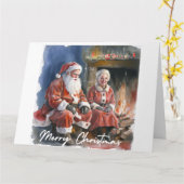 大水色サンタ伝統的とミセス・クロース カード (黄色い花)