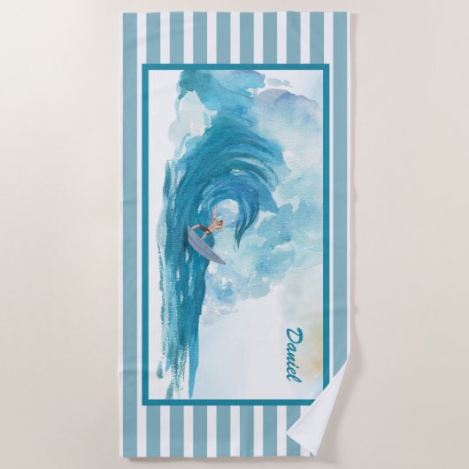 大波に乗ってサーファー |ビーチパーソナライズされたタオル ビーチタオル (正面)