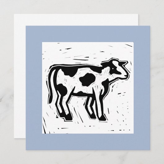 大版画作成白黒カウプリントブルー ノートカード (正面/裏面)