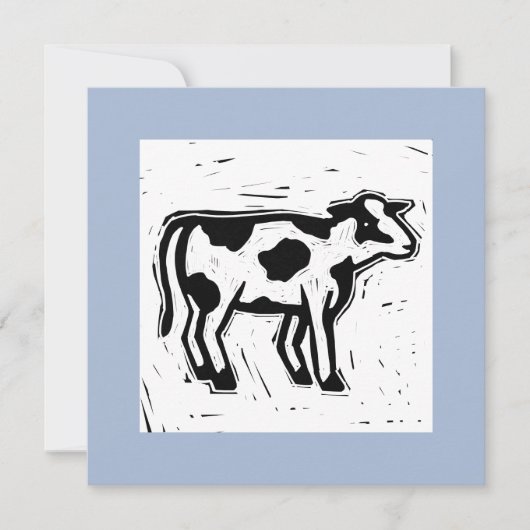 大版画作成白黒カウプリントブルー ノートカード (正面)