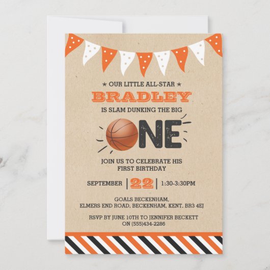 大物をバタンと叩く |バスケットボール1回目の誕生日 招待状 (正面)