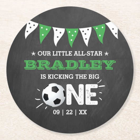 大物を蹴ること |サッカー1回目の誕生日 ラウンドペーパーコースター (正面)