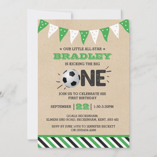 大物を蹴ること |サッカー1回目の誕生日 招待状 (正面)