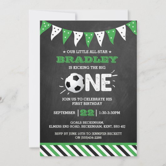 大物を蹴ること |サッカー1回目の誕生日 招待状 (正面)