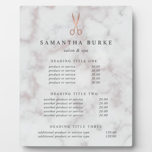 大理石およびバラ金ゴールドサロン価格/サービス表示 フォトプラーク (正面)