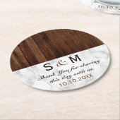 大理石および木製の結婚式は感謝していしています ラウンドペーパーコースター (アングル)
