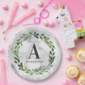 大理石および水彩リースイニシャル ペーパープレート (パーティー)