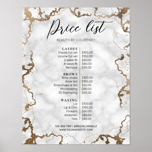 大理石および金ゴールドエレガントサロンまたはスパ価格メニュー ポスター (正面)