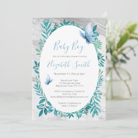 大理石かわいい水色の青い蝶バビシャワー 招待状 (スタンド正面)