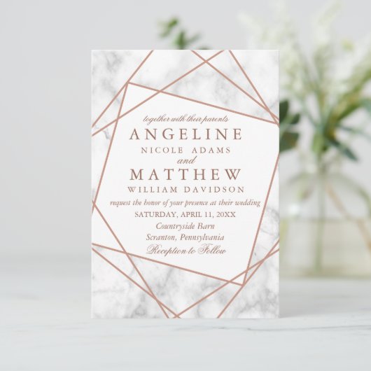 大理石とバラフェイク金ゴールド幾何学的な結婚式の招待 招待状 (スタンド正面)