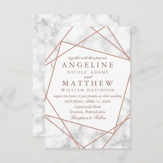 大理石とバラフェイク金ゴールド幾何学的な結婚式の招待 招待状 (正面/裏面)