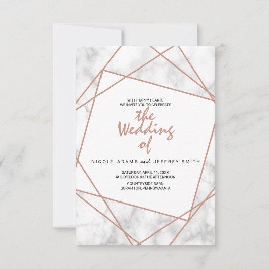 大理石とバラフェイク金ゴールド幾何学的な結婚式の招待 招待状 (正面)