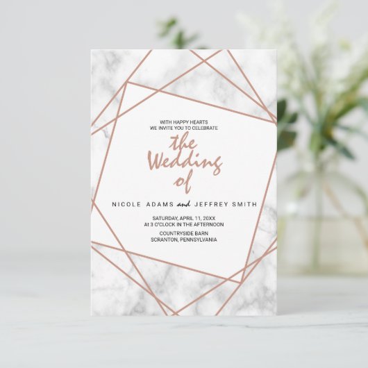 大理石とバラフェイク金ゴールド幾何学的な結婚式の招待 招待状 (スタンド正面)