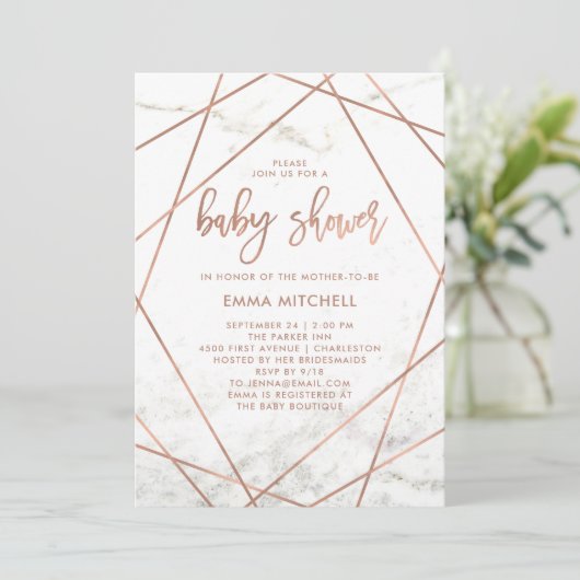 大理石とバラフェイク金ゴールド幾何学的ベビーシャワー 招待状 (スタンド正面)