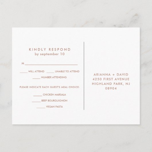 大理石とバラ金ゴールド幾何学食事の選択RSVP インビテーションポストカード (裏面)