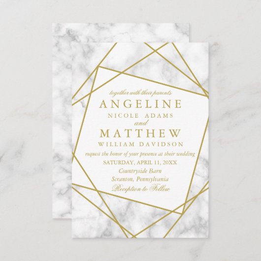 大理石とフェイク金ゴールドの幾何学結婚の招待 招待状 (正面/裏面)