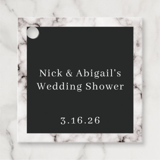 大理石とブラックのカップル ウェディングシャワー フェイバータグ (正面)
