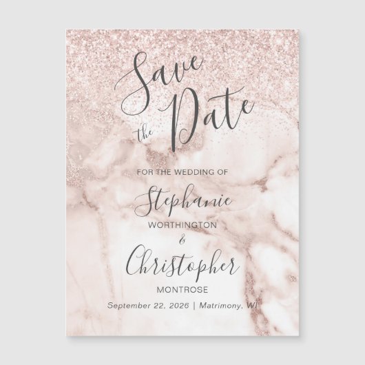 大理石とローズゴールドのラメでエレガントなデザインのSave the Date (正面)