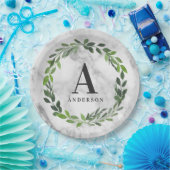 大理石と水彩の花輪イニシャル ペーパープレート (パーティー)