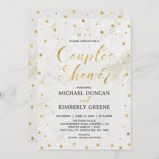 大理石と水玉模様 | カップルモダンウェディングシャワー 招待状 (正面/裏面)