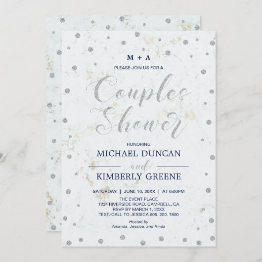 大理石と水玉模様 | シルバーカップルズウェディングシャワー 招待状 (正面/裏面)