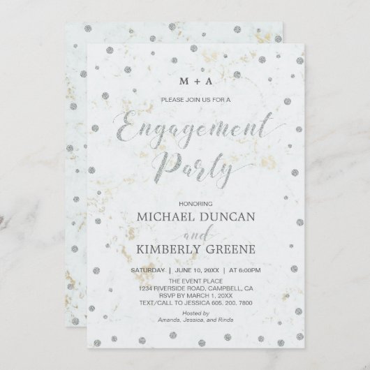 大理石と水玉模様 | シルバー婚約パーティ 招待状 (正面/裏面)