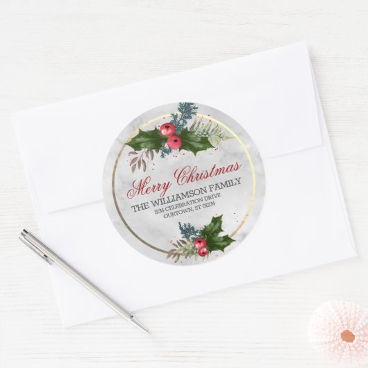 大理石と金ゴールドクリスマスホリーファミリーアドレス ラウンドシール (封筒)