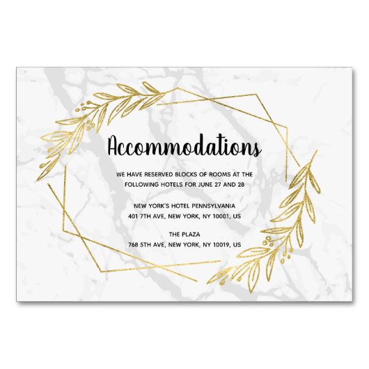 大理石と金ゴールド効果結婚の宿泊カード テーブルナンバー (正面)