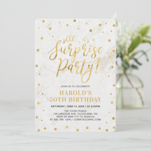 大理石と金ゴールド |アダルト50thサプライズ誕生日パーティー 招待状 (スタンド正面)