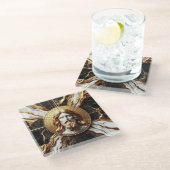 大理石に彫られたイエスのエーテルの存在顔 ガラスコースター (アングル)