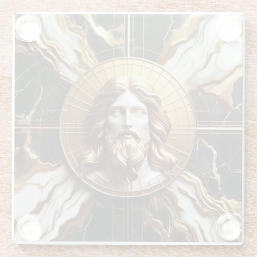 大理石に彫られたイエスのエーテルの存在顔 ガラスコースター (裏面)