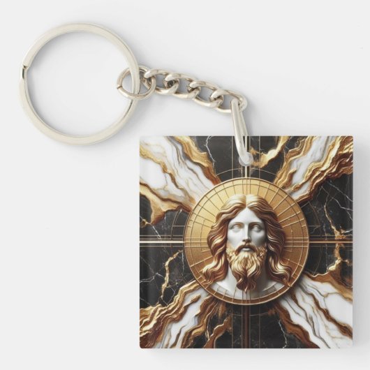大理石に彫られたイエスのエーテルの存在顔 キーホルダー (正面)
