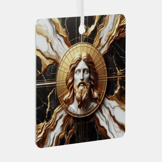 大理石に彫られたイエスのエーテルの存在顔 メタルオーナメント (正面右)