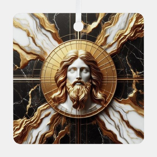 大理石に彫られたイエスのエーテルの存在顔 メタルオーナメント (正面)
