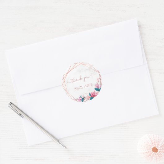 大理石に花をあしらったローズゴールドの幾何学フレーム ラウンドシール (封筒)