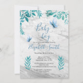 大理石のかわいいフローラ水彩の青い蝶 招待状 (正面)
