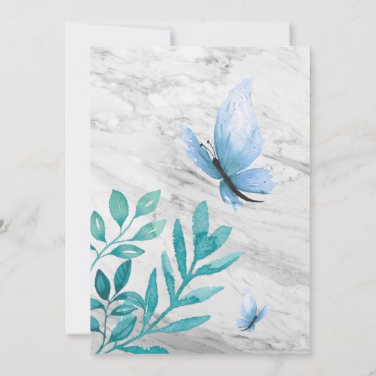 大理石のかわいいフローラ水彩の青い蝶 招待状 (裏面)