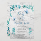 大理石のかわいいフローラ水彩の青い蝶 招待状 (正面/裏面)