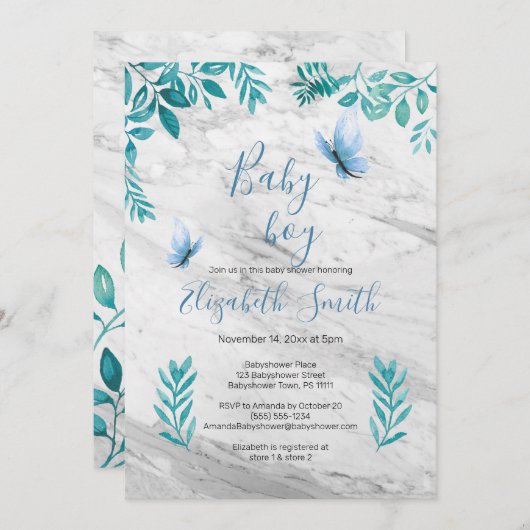 大理石のかわいいフローラ水彩の青い蝶 招待状 (正面/裏面)