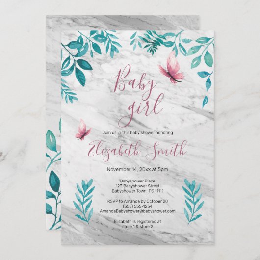 大理石のかわいいフローラ水彩ピンクバタフライ 招待状 (正面/裏面)