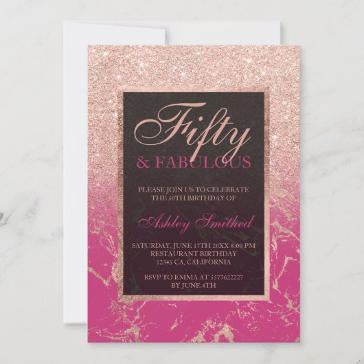 大理石のすばらしいばら色の金ゴールドのグリッターのマゼンタの上品50 招待状 (正面)