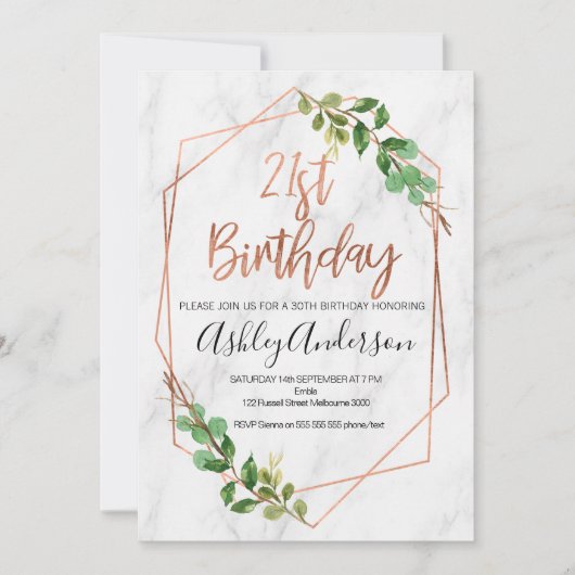大理石のばら色の金ゴールドの群葉の第21誕生日の招待 招待状 (正面)