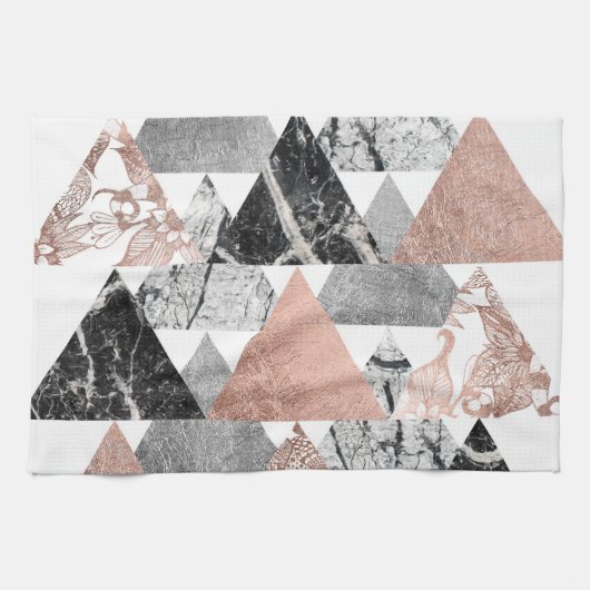 大理石のばら色の金ゴールドの銀およびGeoの花の三角形 キッチンタオル (横)