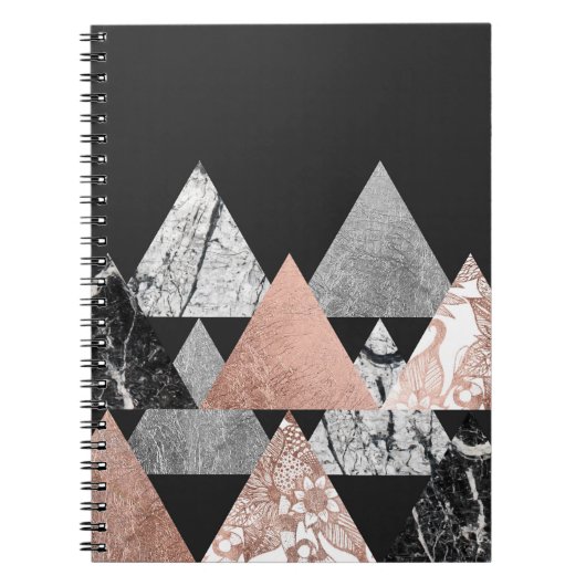 大理石のばら色の金ゴールドの銀およびGeoの花の三角形 ノートブック (正面)