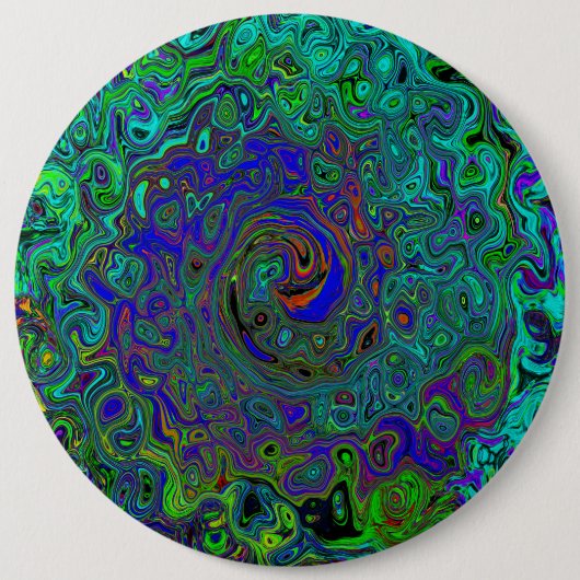 大理石のような青とアクアマリンの抽象的なレトロスワール 缶バッジ (正面)