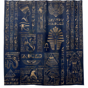 大理石のエジプトのヒエログリフそして神金ゴールド シャワーカーテン