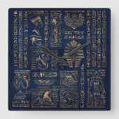 大理石のエジプトのヒエログリフそして神金ゴールド スクエア壁時計 (正面)