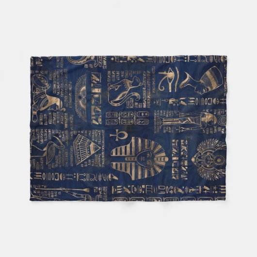 大理石のエジプトのヒエログリフそして神金ゴールド フリースブランケット (正面(横))