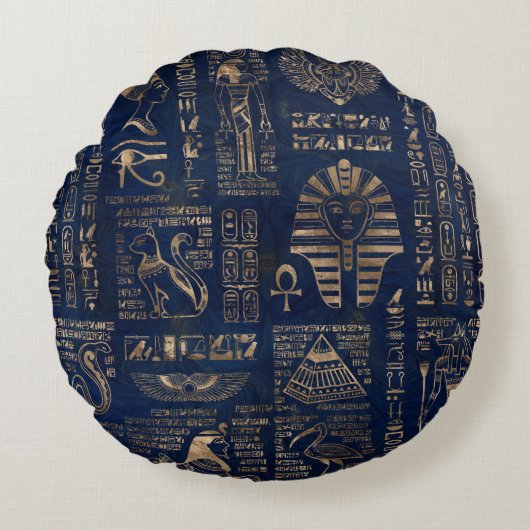 大理石のエジプトのヒエログリフそして神金ゴールド ラウンドクッション (正面)